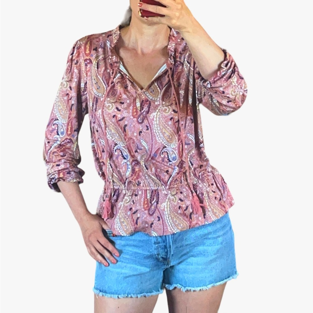 LES SEREIN Locarno Peplum Knit Long Sleeves Top Paisley Boho rayon blouse